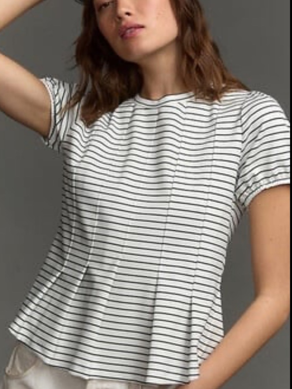 Anthropologie White and Black Striped Peplum Short Sleeve Top